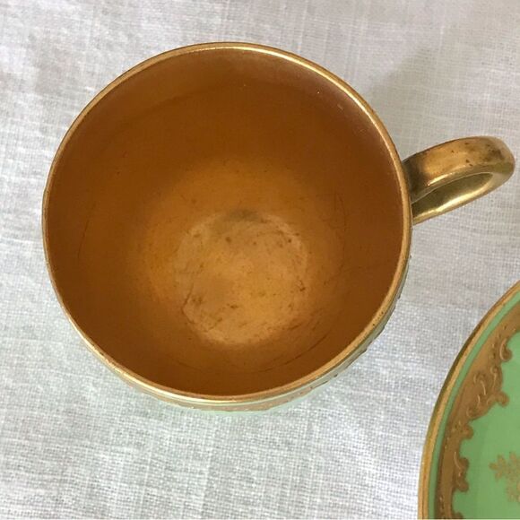 Coalport England Green Gold Gilt Embossed Trim Floral Demitasse Cup & Saucer Set - Picture 9 of 16